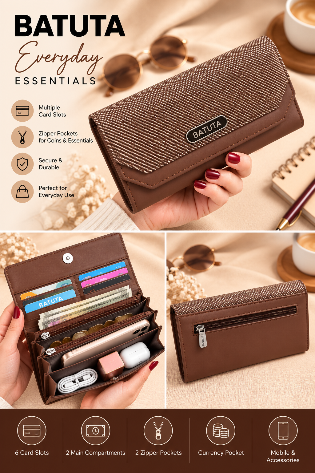 BATUTA Women’s Three Zip Multi-Compartment Clutch Wallet | Stylish Long Purse with Zipper Pocket | Spacious Ladies Wallet for Cash, Cards & Mobile