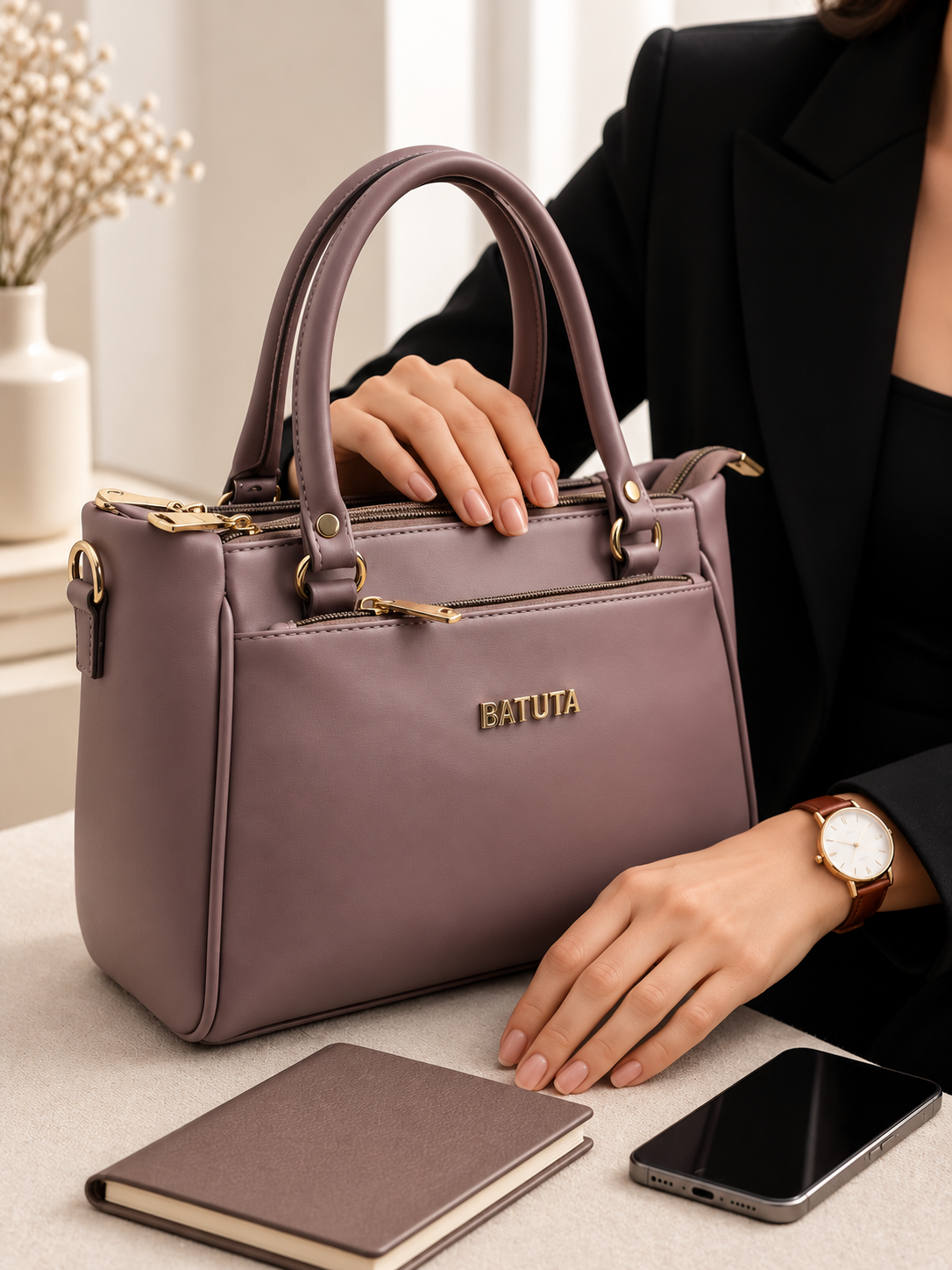 BATUTA Women’s Premium Faux Leather Handbag with Multiple Zipper Compartments, Double Handle & Sling Strap
