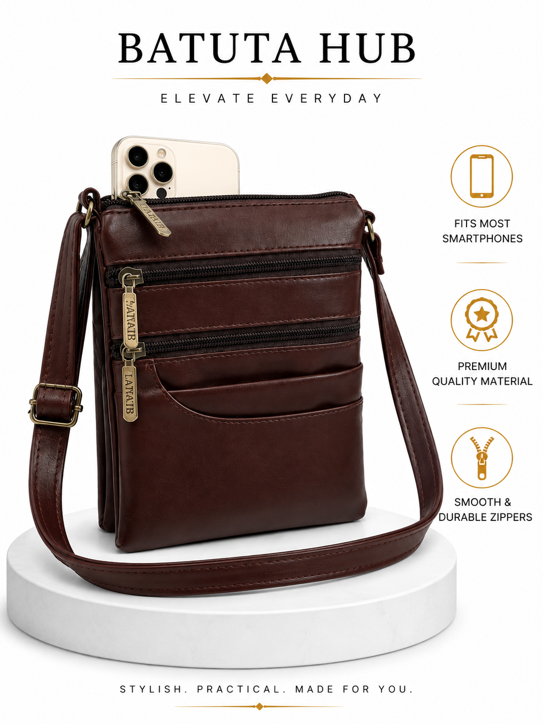 Women's Premium Faux Leather Crossbody Sling Bag with Multiple Zip Pockets