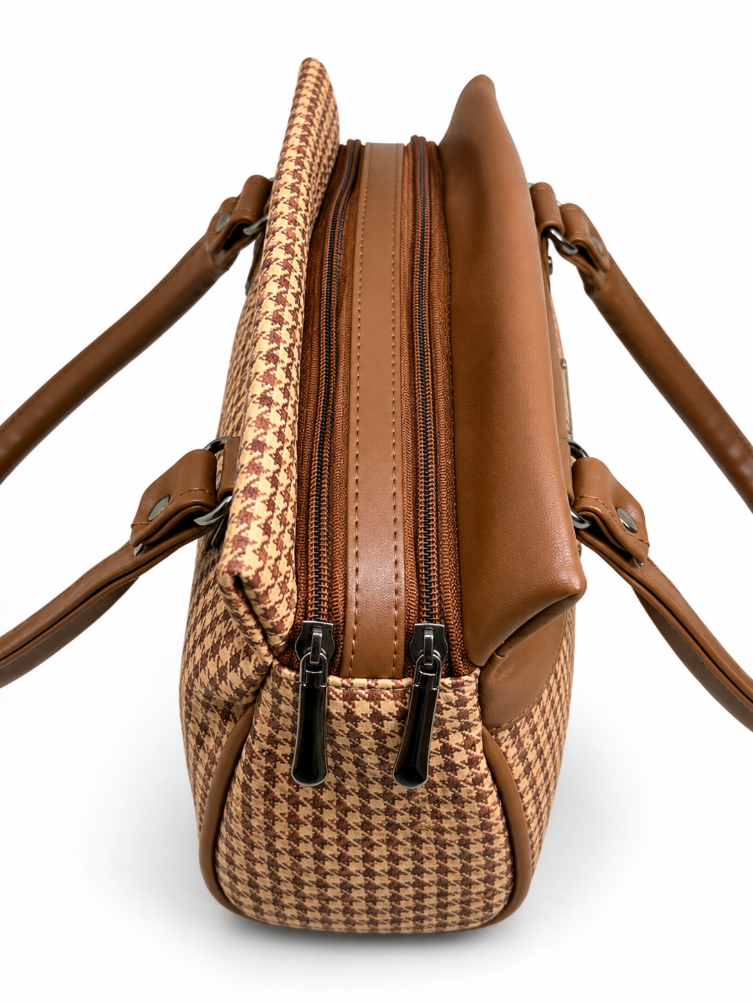 Women’s Stylish Handbag | Premium Houndstooth Pattern Tote Bag | Spacious 3-Zip Office & Daily Use Shoulder Bag
