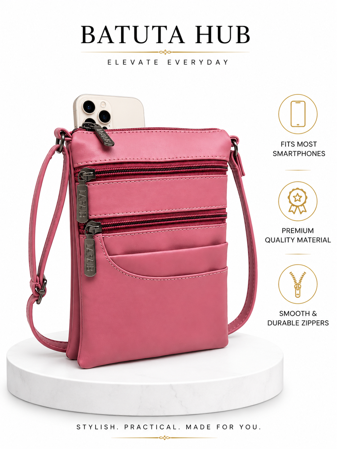 Women's Premium Faux Leather Crossbody Sling Bag with Multiple Zip Pockets