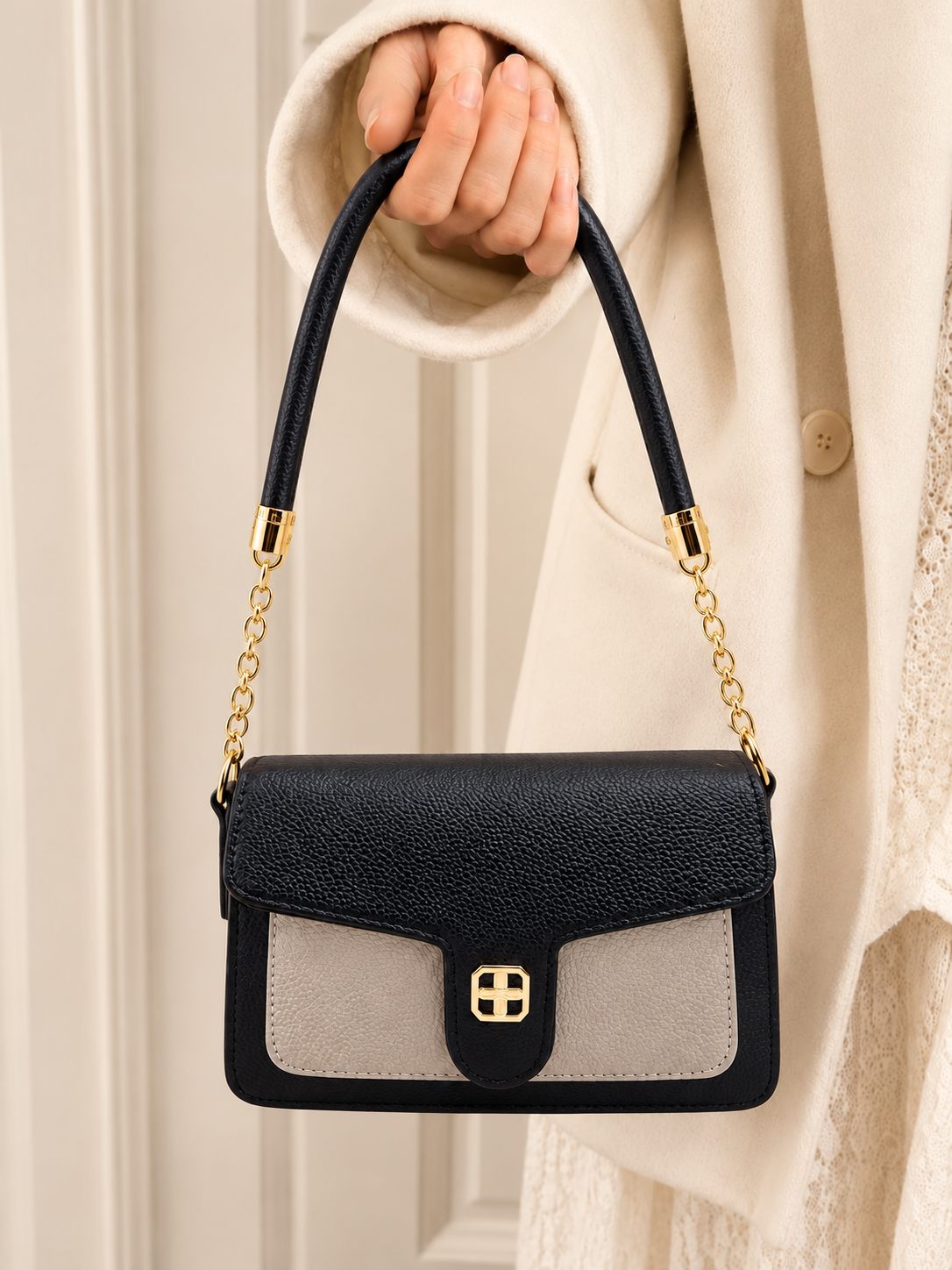 BATUTA Women's Premium Textured Shoulder Bag with Gold Chain Strap, Elegant Dual-Tone Handbag for Party, Office & Daily Use