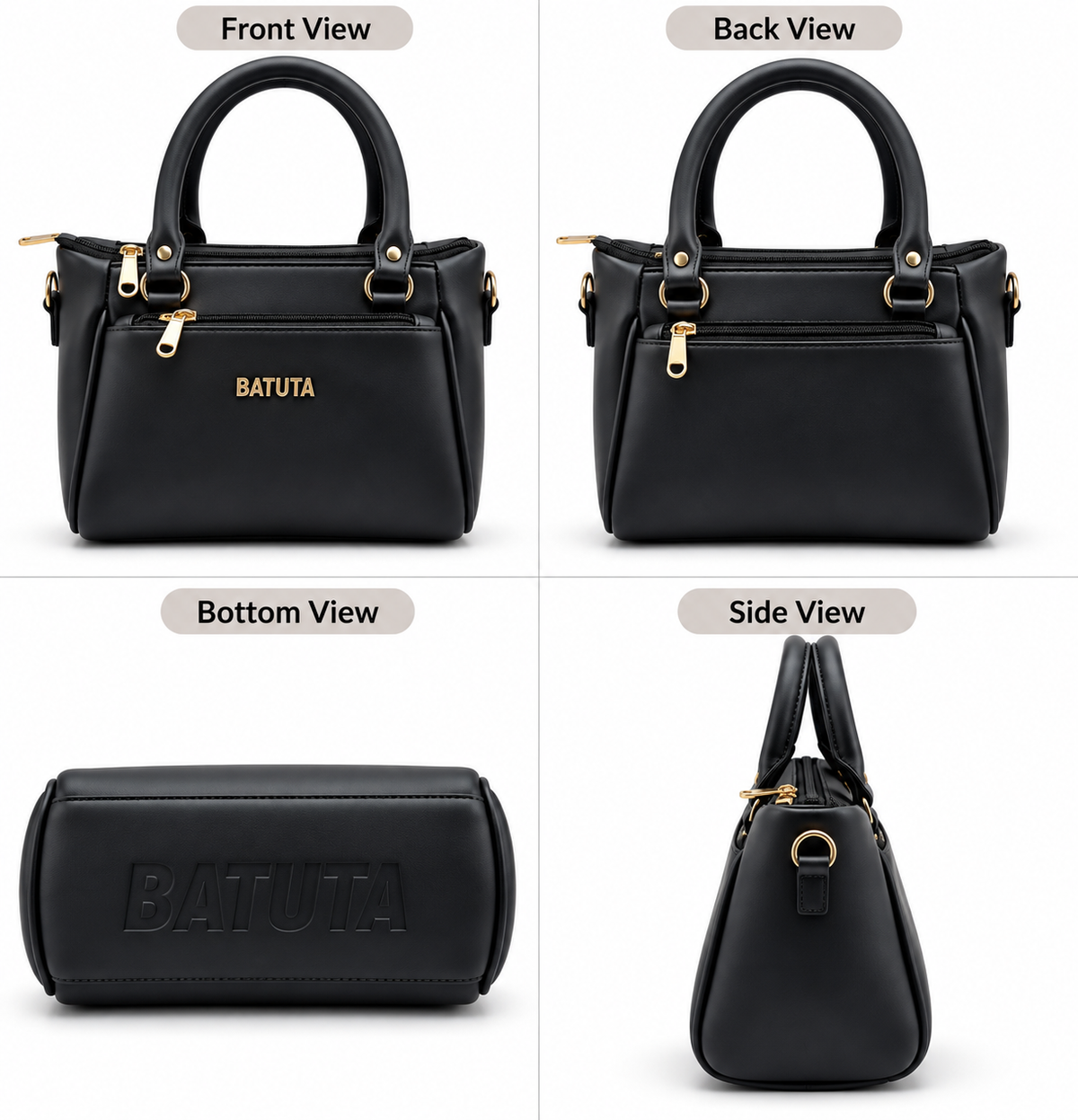 BATUTA Women’s Premium Faux Leather Handbag with Multiple Zipper Compartments, Double Handle & Sling Strap