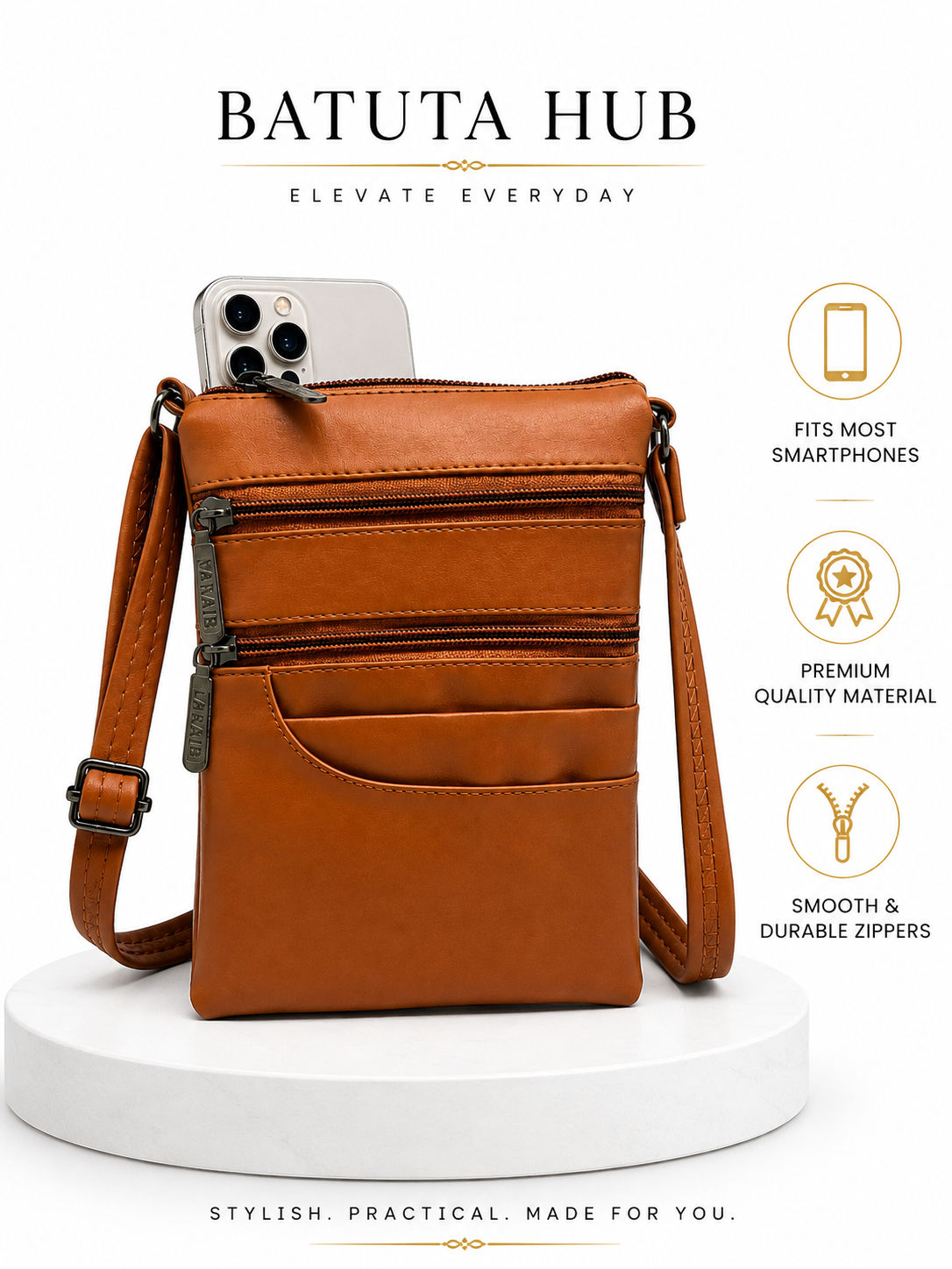 Women's Premium Faux Leather Crossbody Sling Bag with Multiple Zip Pockets