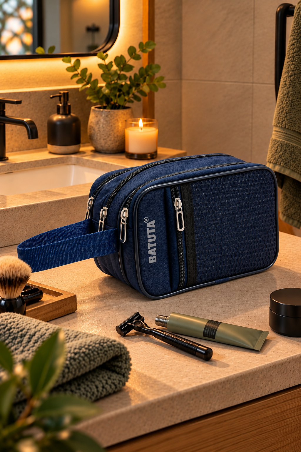 BATUTA Men’s Shaving Kit Bag, Multi Compartment Travel Grooming Organizer Pouch