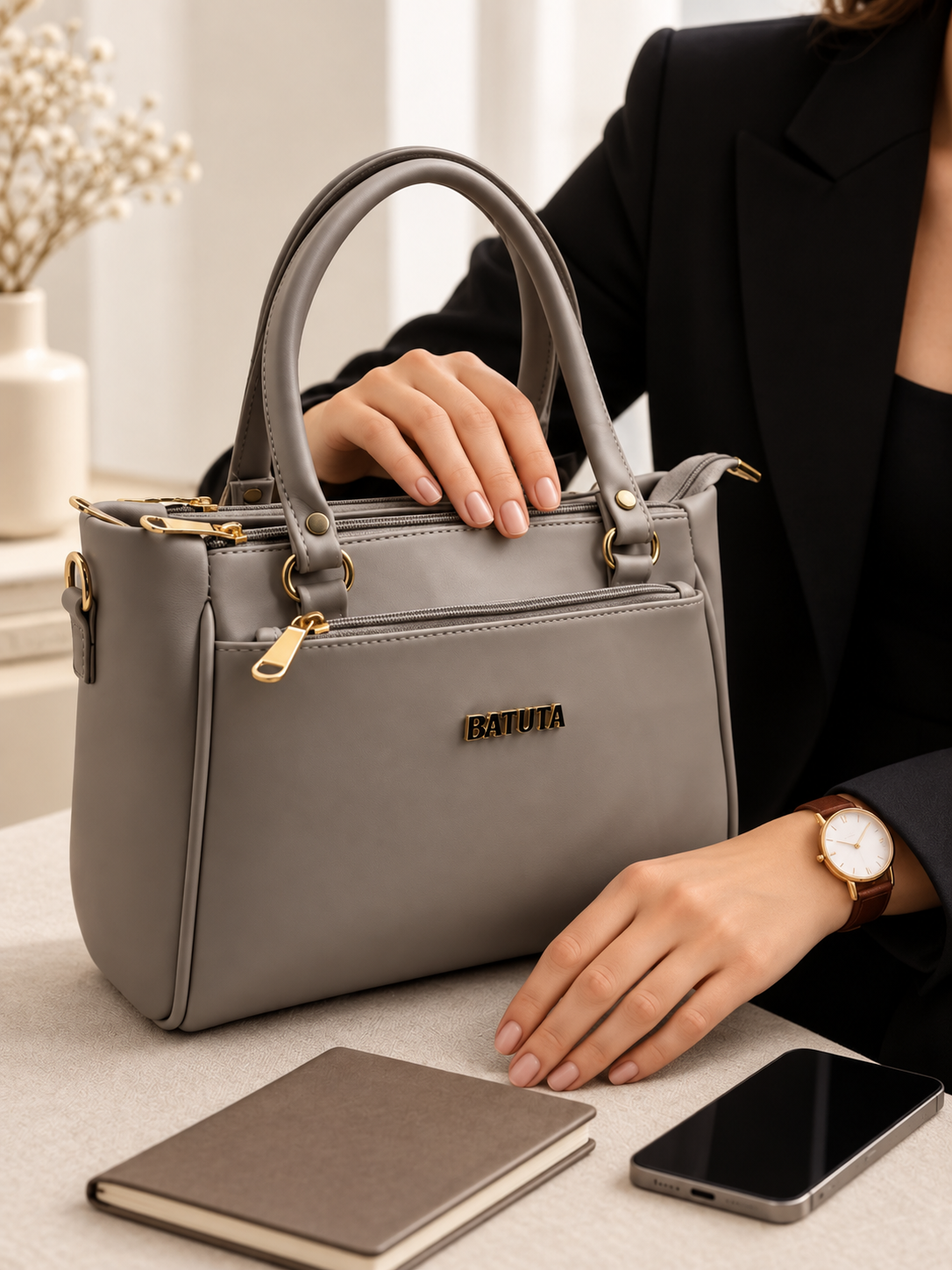 BATUTA Women’s Premium Faux Leather Handbag with Multiple Zipper Compartments, Double Handle & Sling Strap