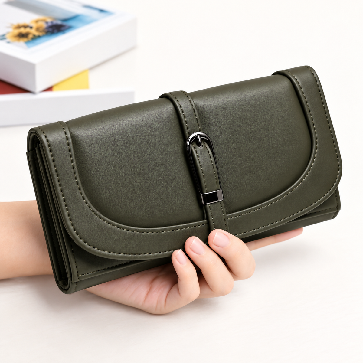 Women’s Stylish Clutch Wallet with Flap Closure | Elegant PU Leather Long Wallet for Women | Multiple Compartments & Card Holder |