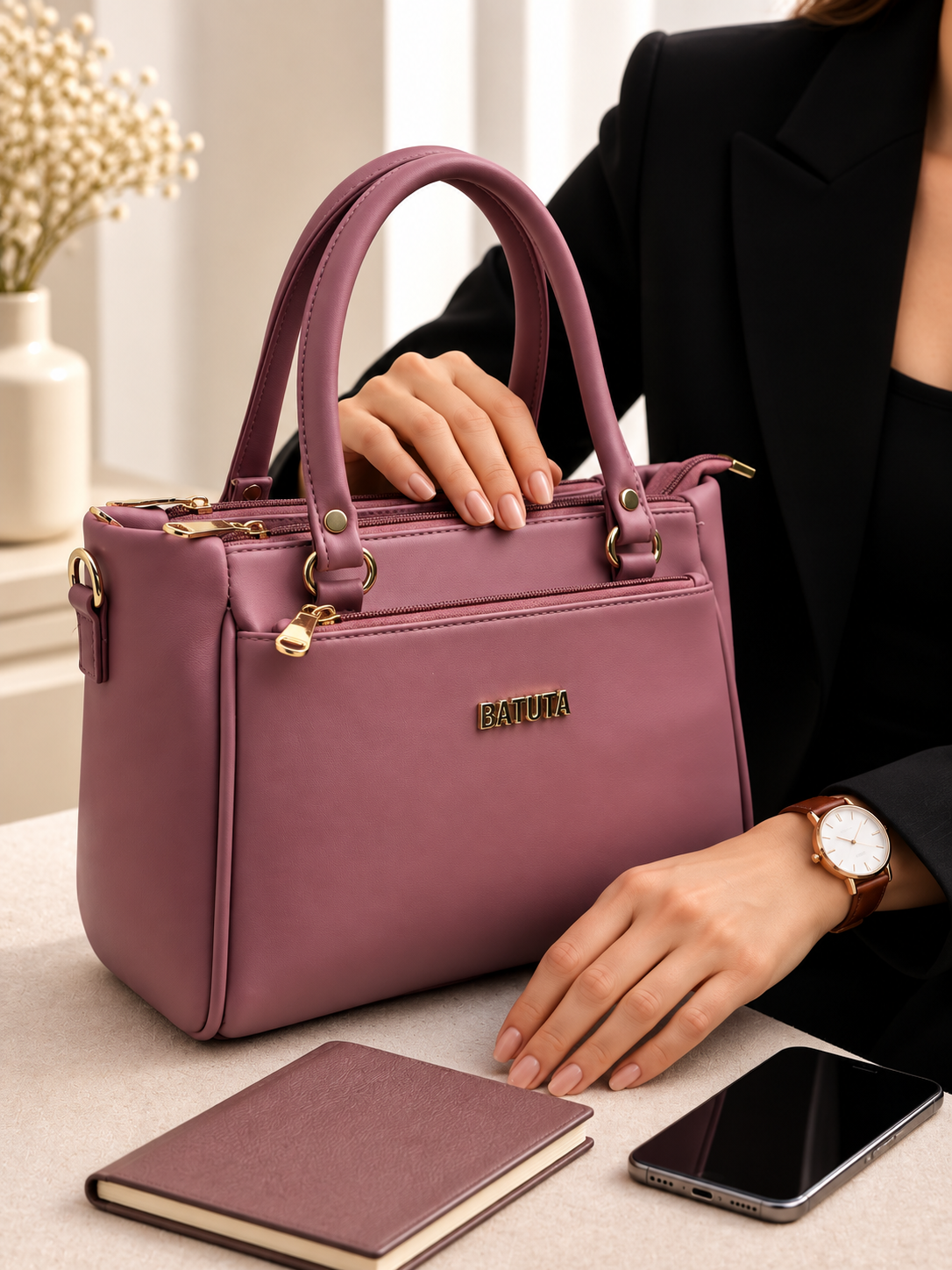 BATUTA Women’s Premium Faux Leather Handbag with Multiple Zipper Compartments, Double Handle & Sling Strap