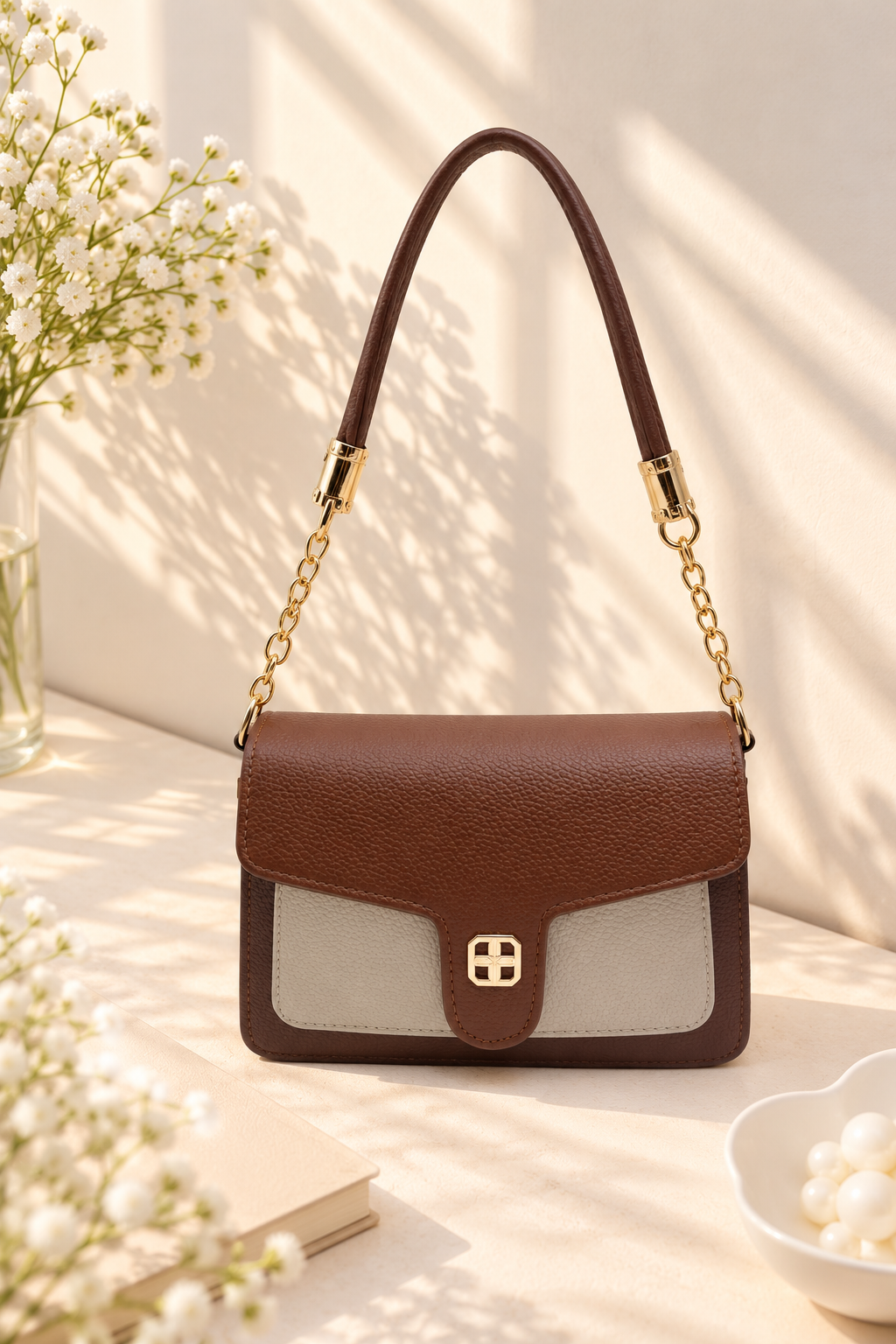 BATUTA Women's Premium Textured Shoulder Bag with Gold Chain Strap, Elegant Dual-Tone Handbag for Party, Office & Daily Use