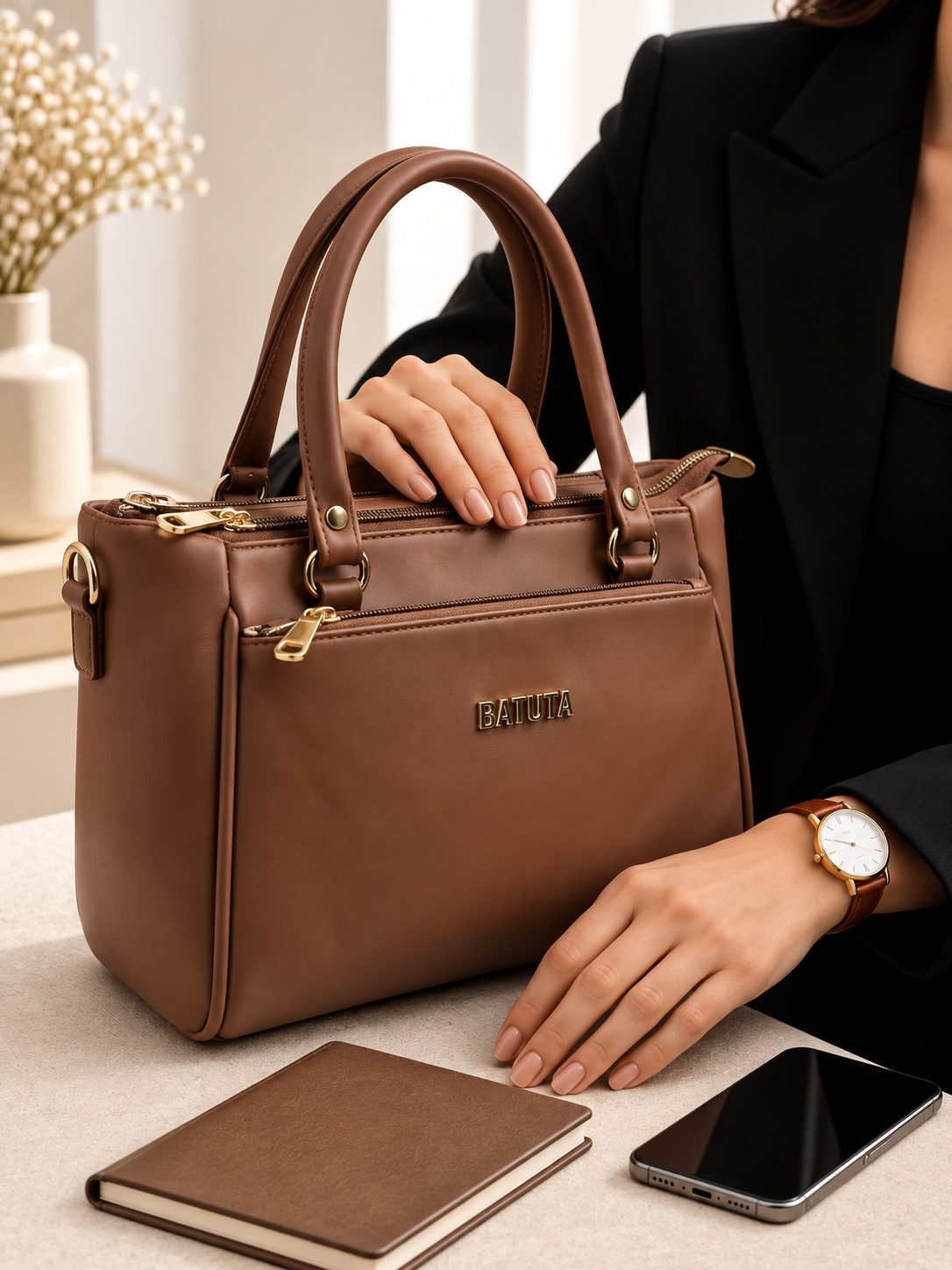 BATUTA Women’s Premium Faux Leather Handbag with Multiple Zipper Compartments, Double Handle & Sling Strap