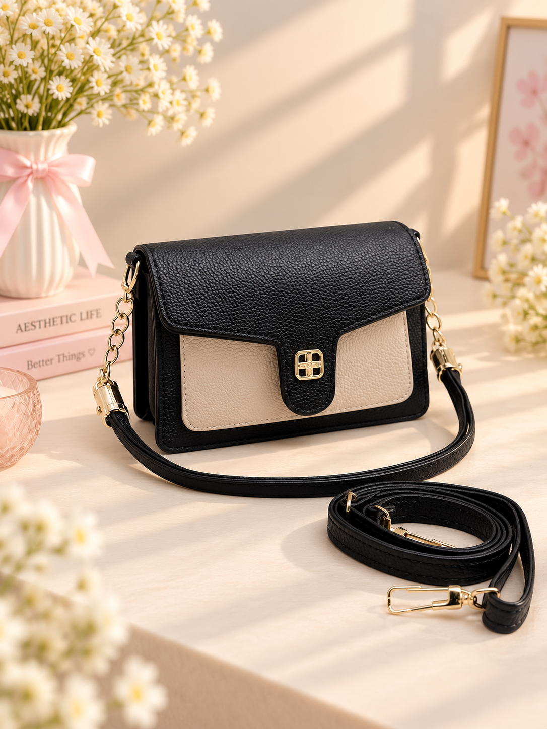 BATUTA Women's Premium Textured Shoulder Bag with Gold Chain Strap, Elegant Dual-Tone Handbag for Party, Office & Daily Use