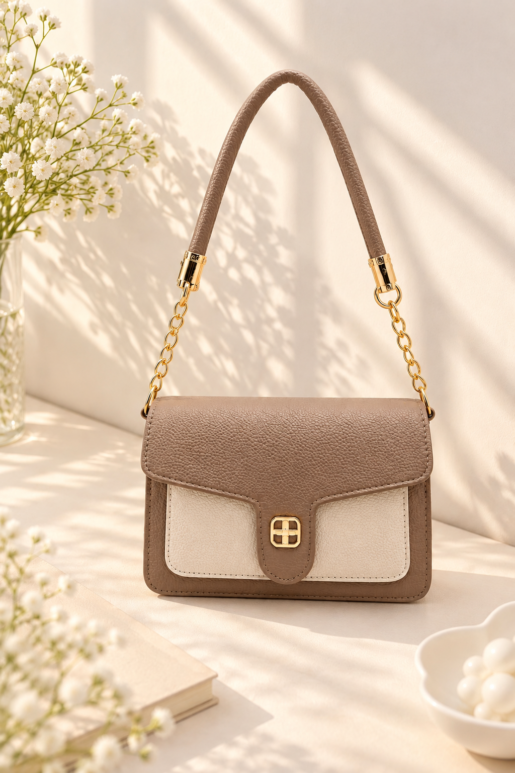 BATUTA Women's Premium Textured Shoulder Bag with Gold Chain Strap, Elegant Dual-Tone Handbag for Party, Office & Daily Use