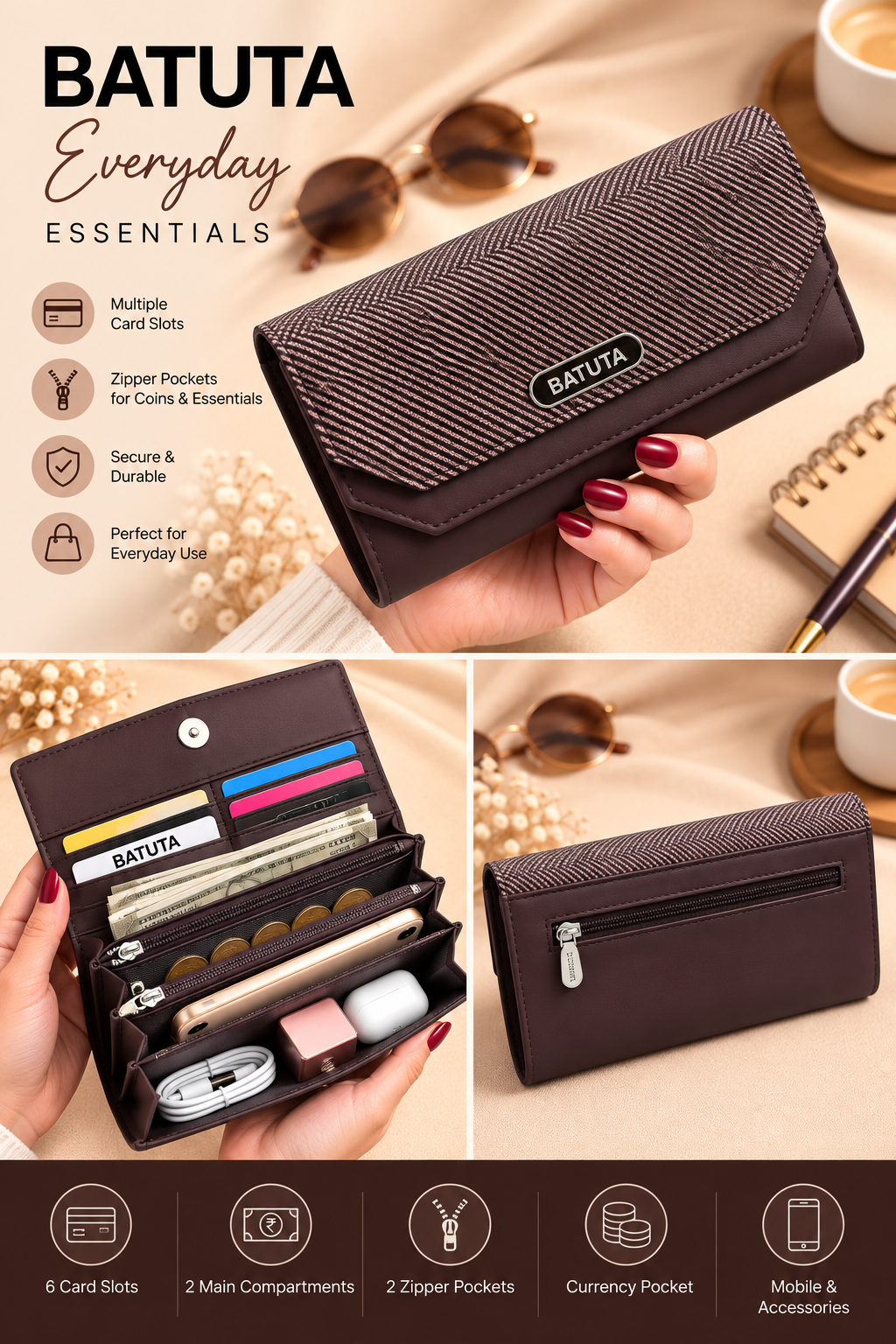 BATUTA Women’s Three Zip Multi-Compartment Clutch Wallet | Stylish Long Purse with Zipper Pocket | Spacious Ladies Wallet for Cash, Cards & Mobile