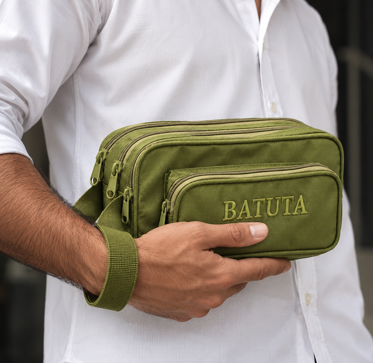BATUTA Green Multi-Compartment Zipper Pouch Bag for Men, Travel Organizer and Utility Bag