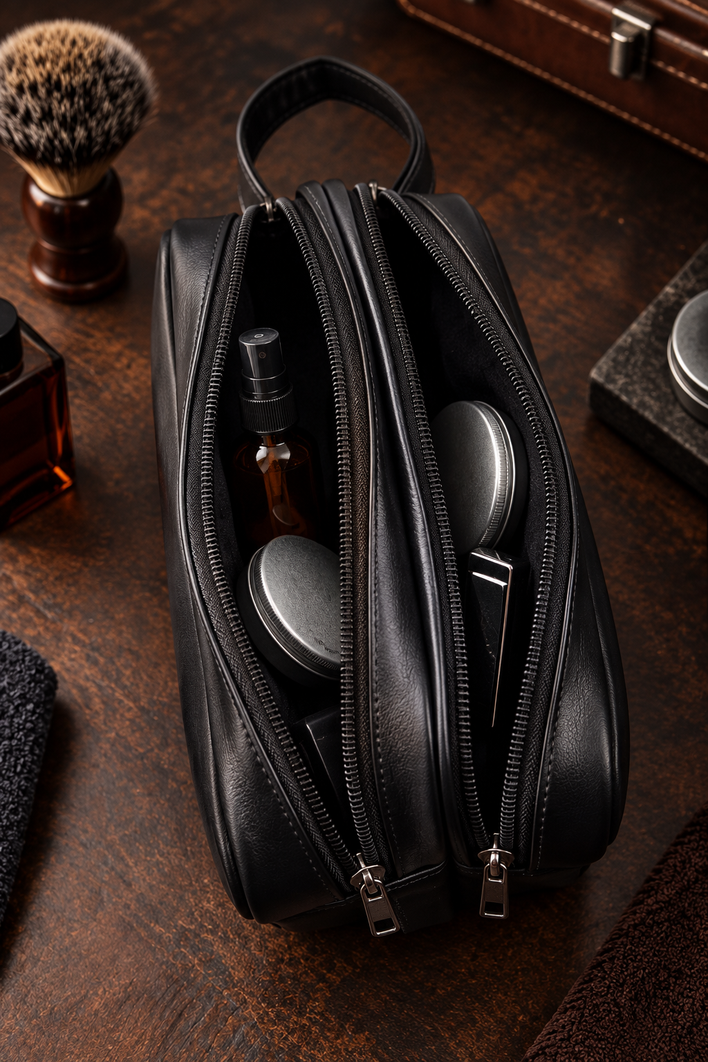 BATUTA Premium Faux Leather Toiletry & Travel Pouch for Men | Multi-Compartment Hand Carry Bag with Double Zipper | Compact Organizer for Grooming Essentials, Accessories & Daily Use