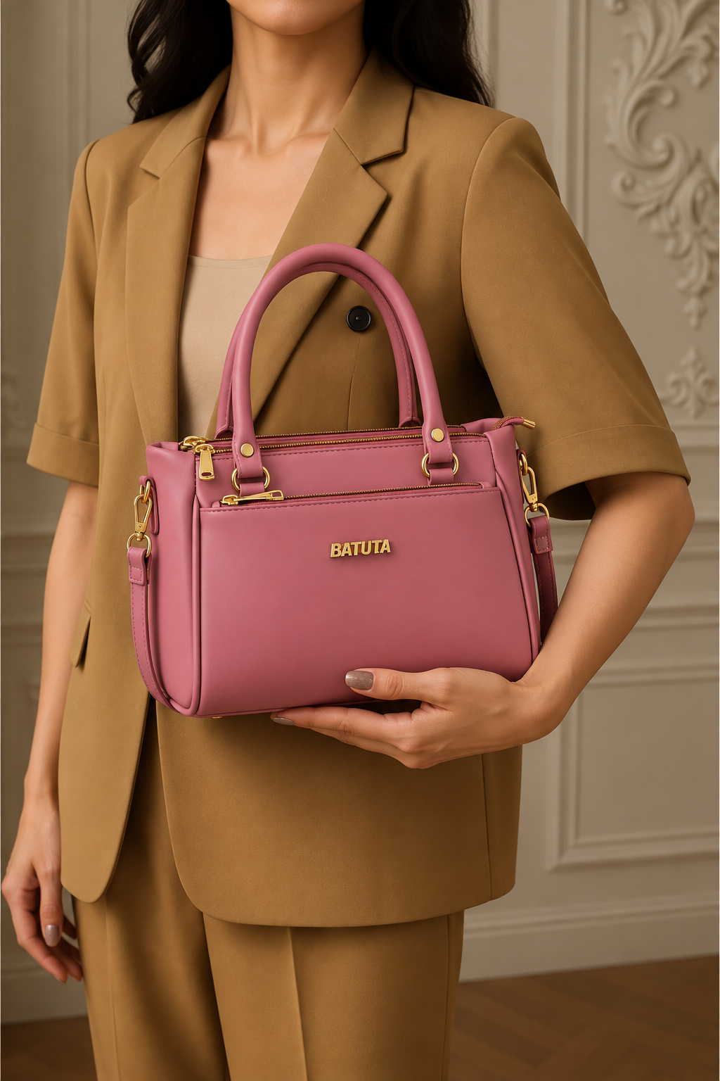 BATUTA Women’s Premium Faux Leather Handbag with Multiple Zipper Compartments, Double Handle & Sling Strap
