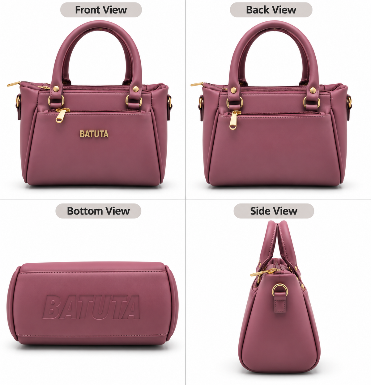BATUTA Women’s Premium Faux Leather Handbag with Multiple Zipper Compartments, Double Handle & Sling Strap