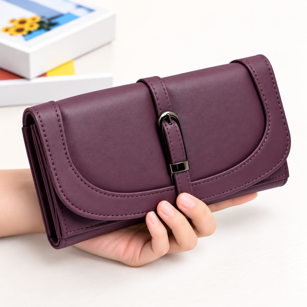 Women’s Stylish Clutch Wallet with Flap Closure | Elegant PU Leather Long Wallet for Women | Multiple Compartments & Card Holder |