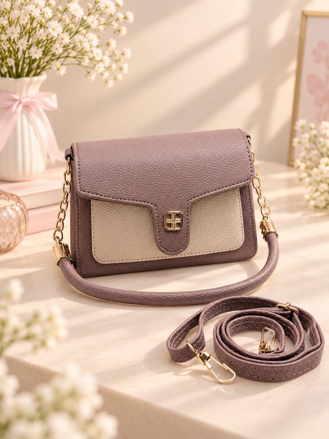 BATUTA Women's Premium Textured Shoulder Bag with Gold Chain Strap, Elegant Dual-Tone Handbag for Party, Office & Daily Use