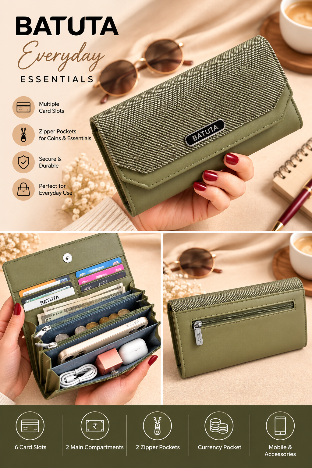 BATUTA Women’s Three Zip Multi-Compartment Clutch Wallet | Stylish Long Purse with Zipper Pocket | Spacious Ladies Wallet for Cash, Cards & Mobile