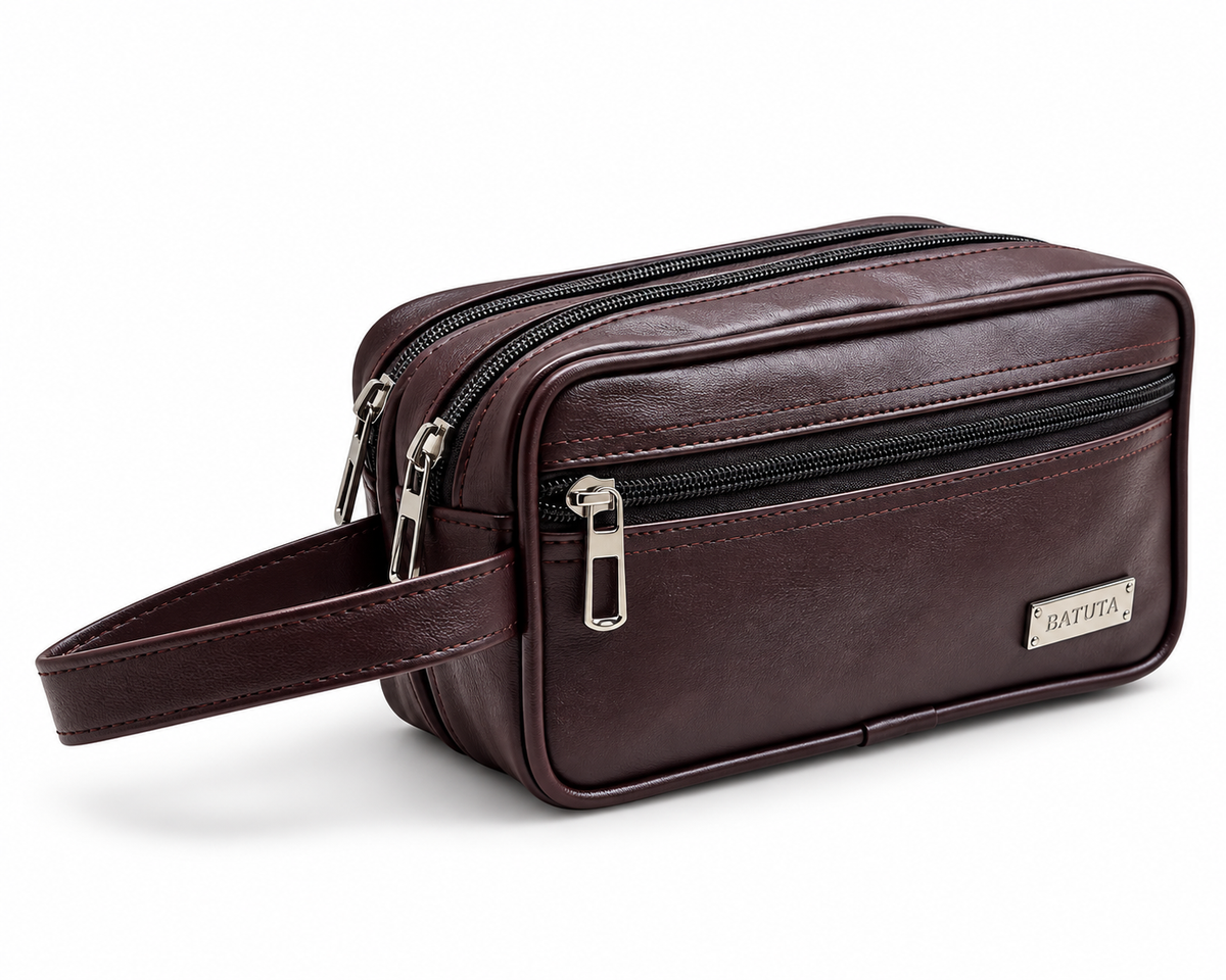 BATUTA Premium Faux Leather Toiletry & Travel Pouch for Men | Multi-Compartment Hand Carry Bag with Double Zipper | Compact Organizer for Grooming Essentials, Accessories & Daily Use