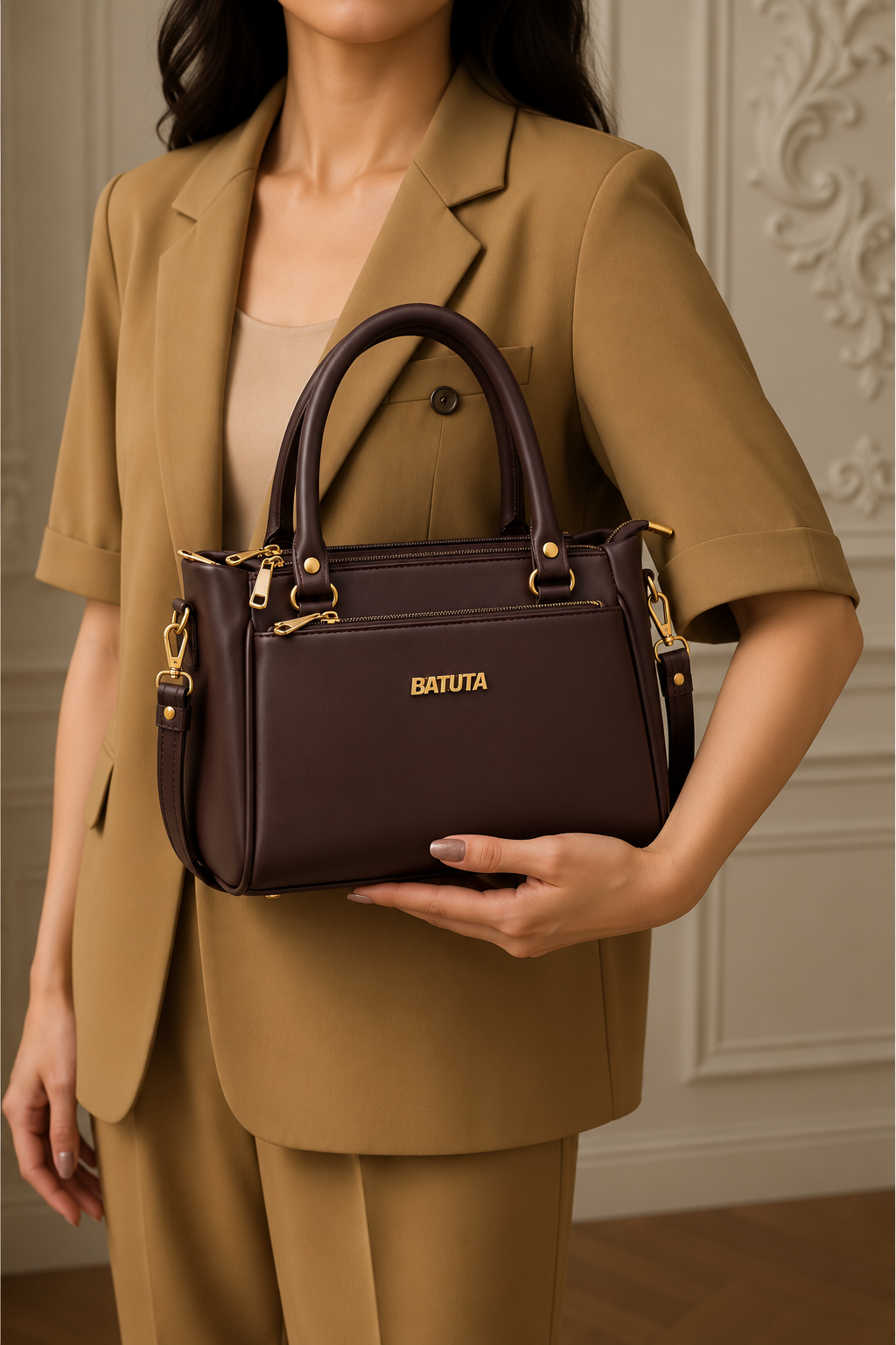 BATUTA Women’s Premium Faux Leather Handbag with Multiple Zipper Compartments, Double Handle & Sling Strap