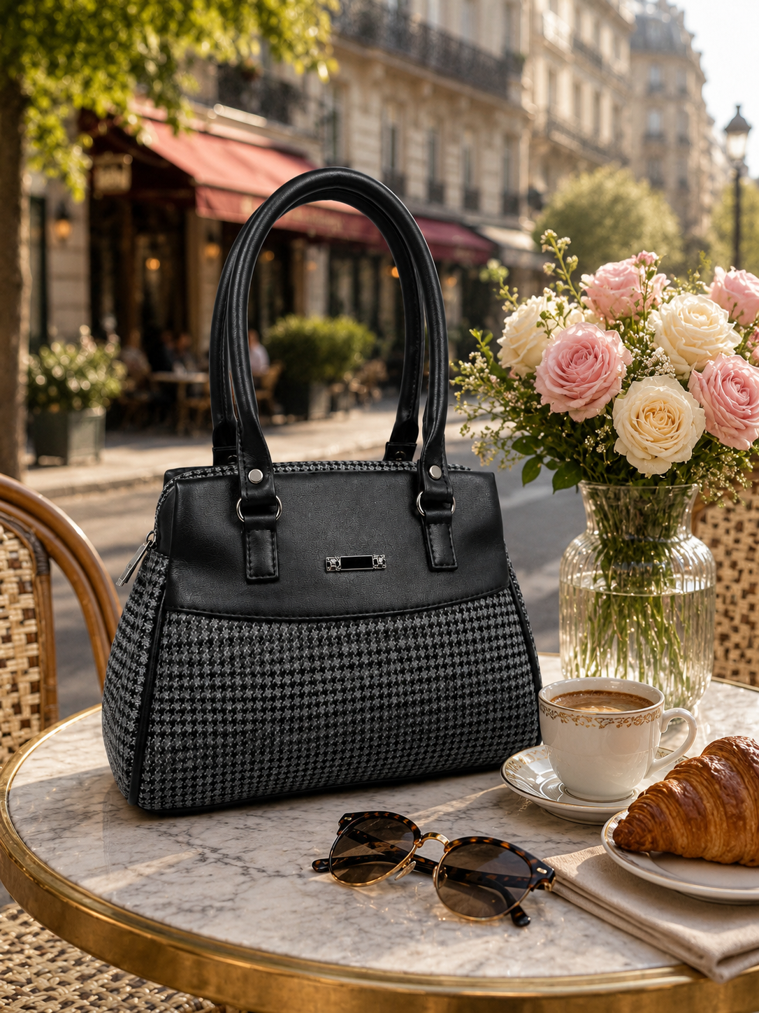 Women’s Stylish Handbag | Premium Houndstooth Pattern Tote Bag | Spacious 3-Zip Office & Daily Use Shoulder Bag