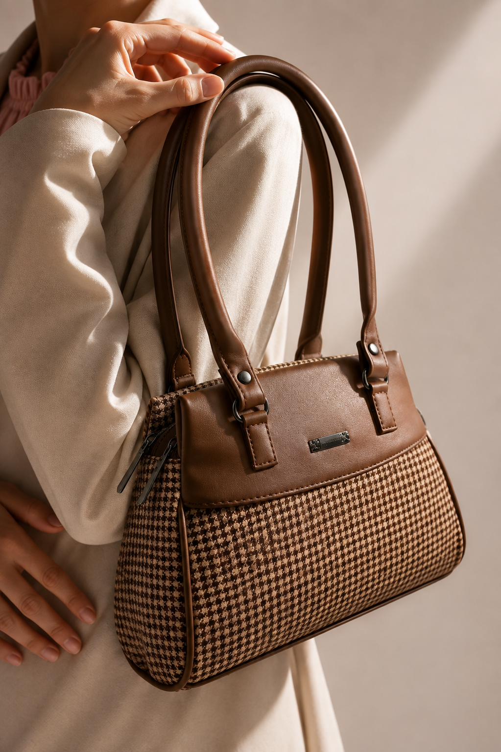 Women’s Stylish Handbag | Premium Houndstooth Pattern Tote Bag | Spacious 3-Zip Office & Daily Use Shoulder Bag
