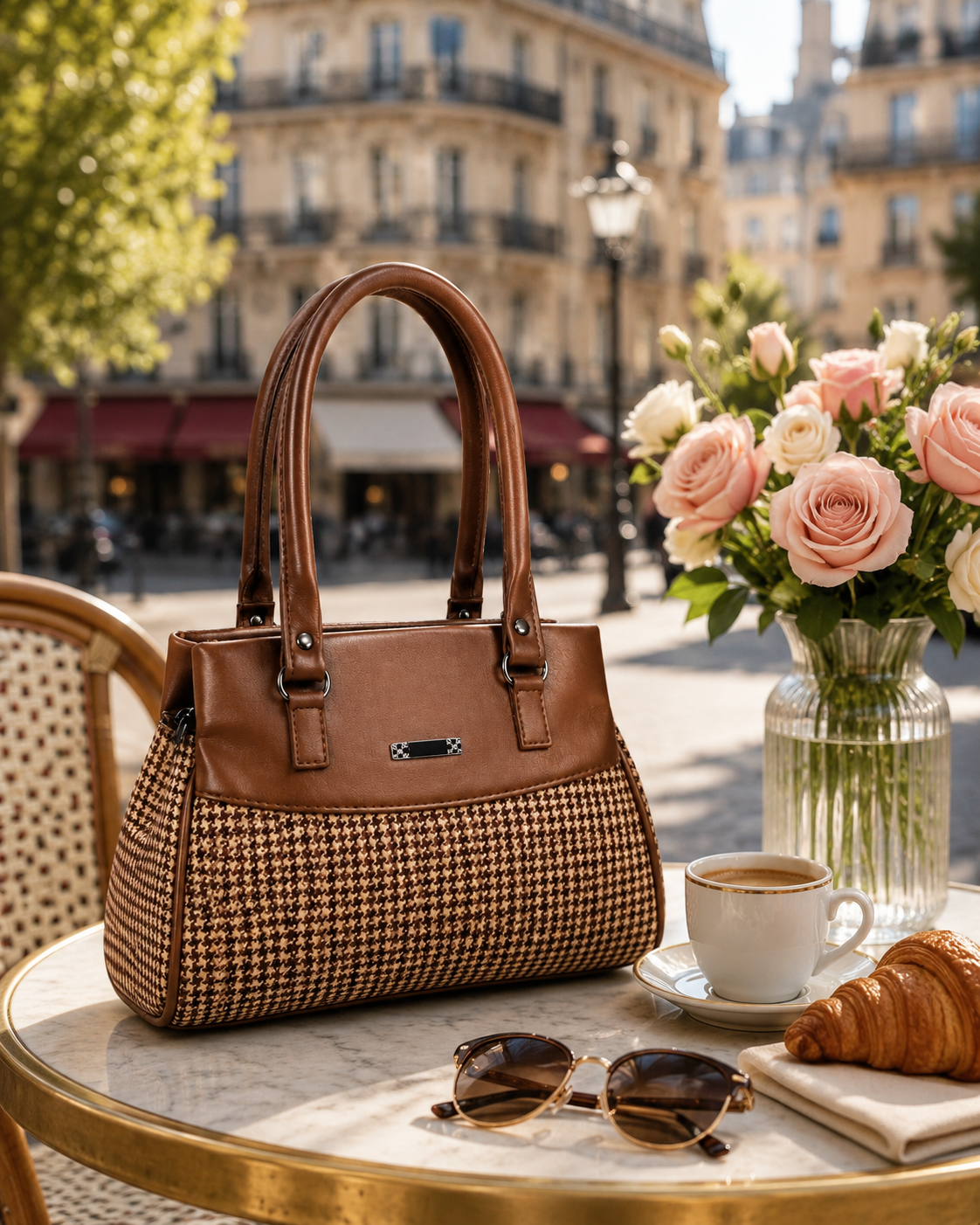Women’s Stylish Handbag | Premium Houndstooth Pattern Tote Bag | Spacious 3-Zip Office & Daily Use Shoulder Bag