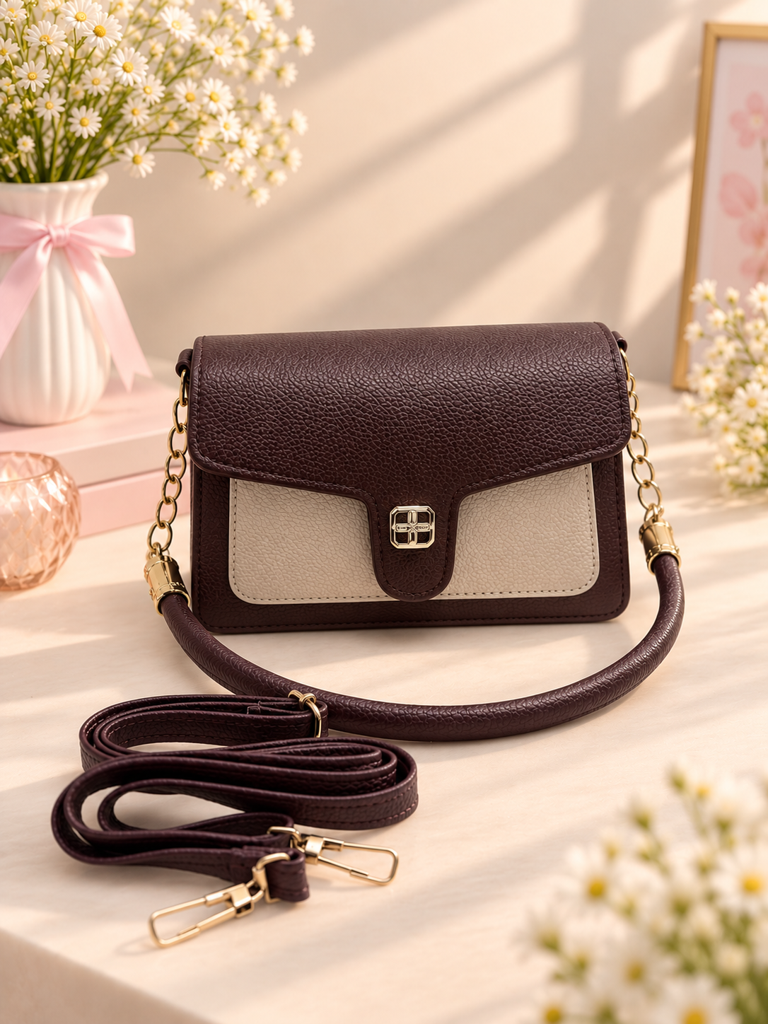 BATUTA Women's Premium Textured Shoulder Bag with Gold Chain Strap, Elegant Dual-Tone Handbag for Party, Office & Daily Use
