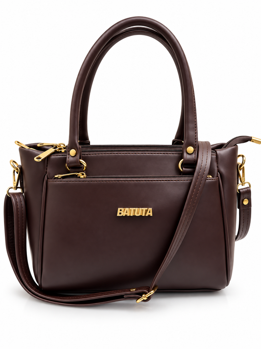 BATUTA Women’s Premium Faux Leather Handbag with Multiple Zipper Compartments, Double Handle & Sling Strap