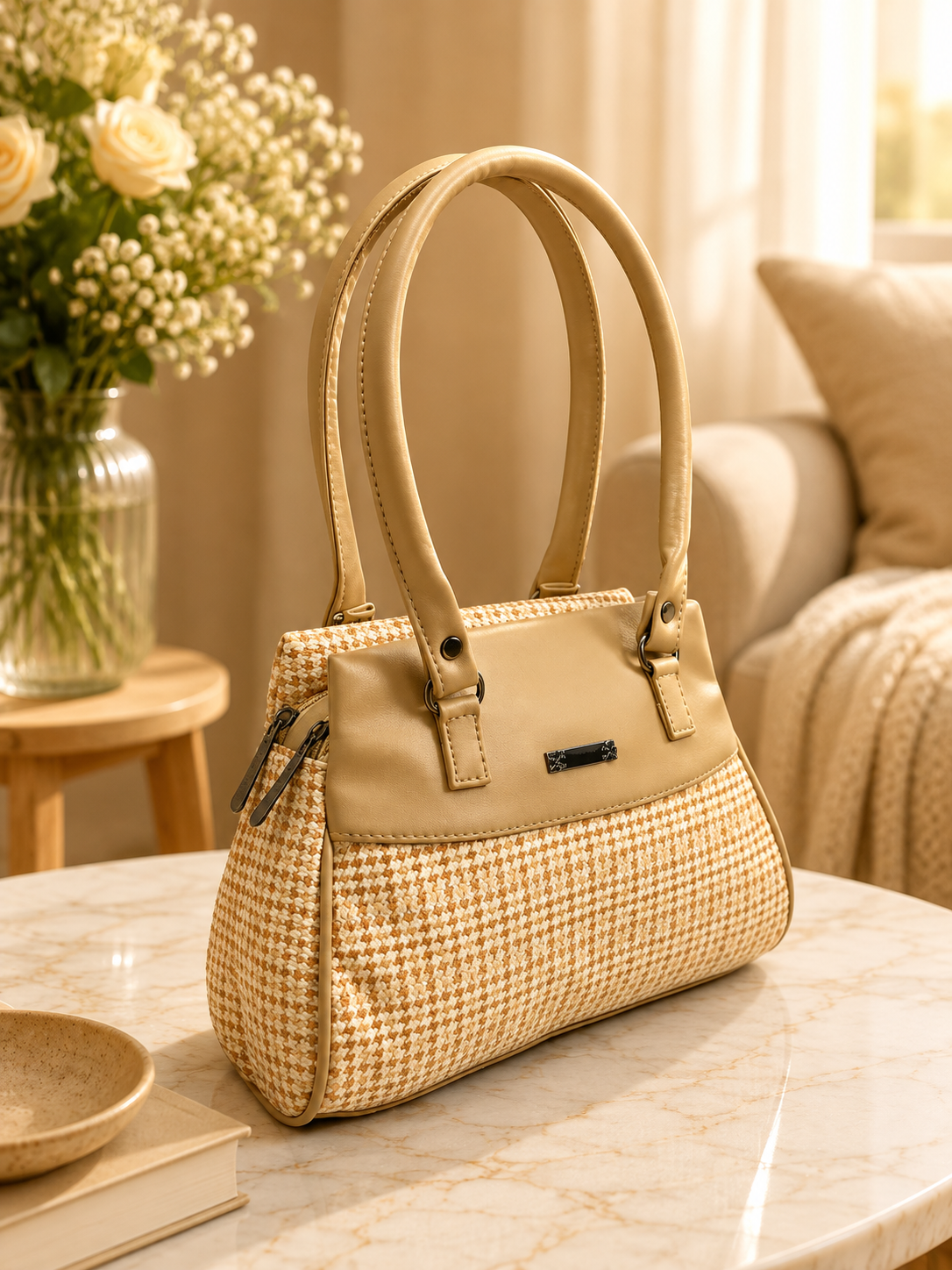 Women’s Stylish Handbag | Premium Houndstooth Pattern Tote Bag | Spacious 3-Zip Office & Daily Use Shoulder Bag