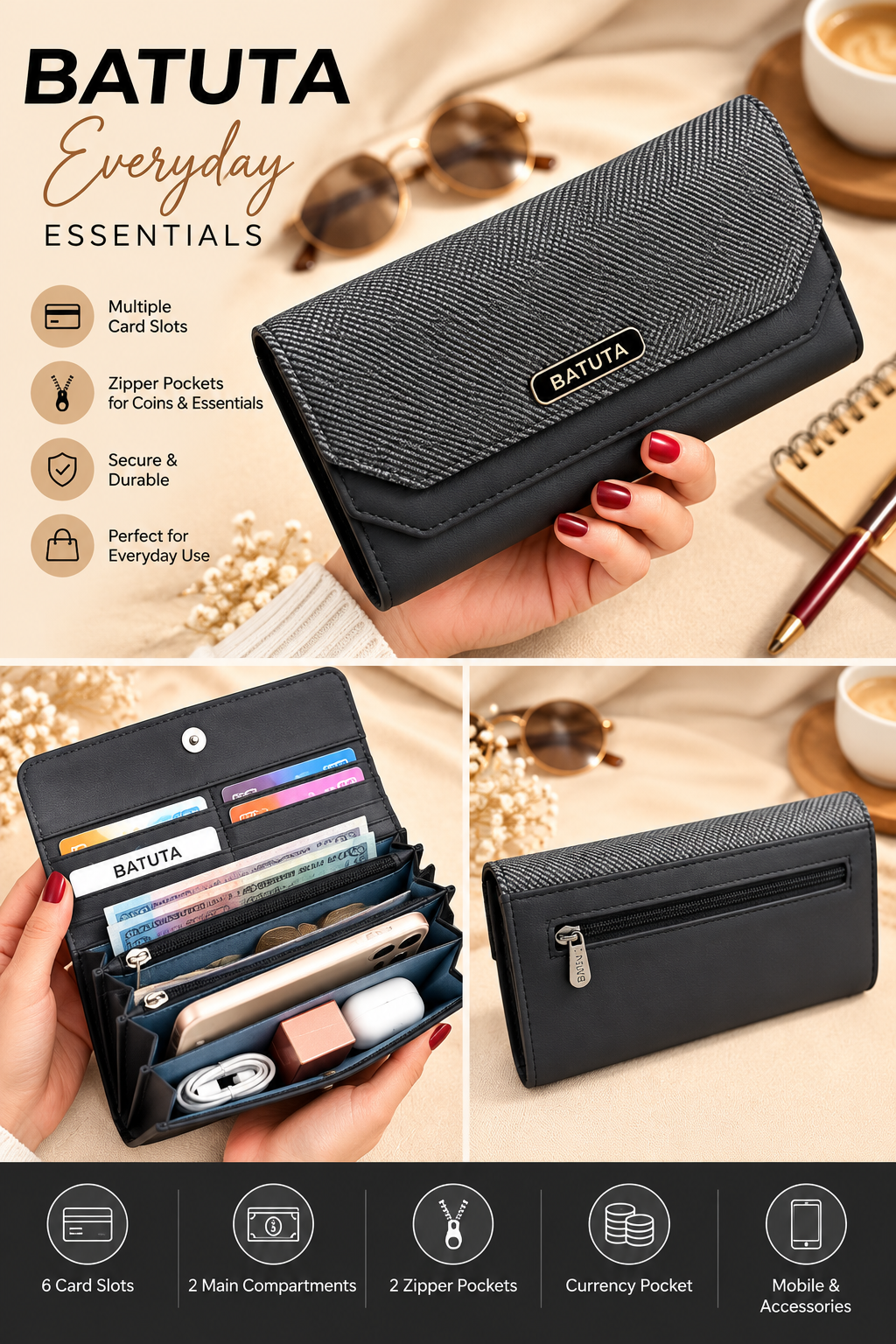 BATUTA Women’s Three Zip Multi-Compartment Clutch Wallet | Stylish Long Purse with Zipper Pocket | Spacious Ladies Wallet for Cash, Cards & Mobile