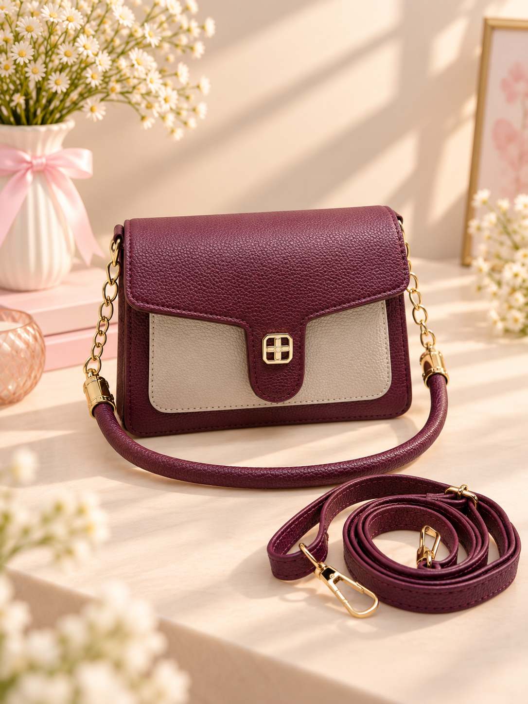 BATUTA Women's Premium Textured Shoulder Bag with Gold Chain Strap, Elegant Dual-Tone Handbag for Party, Office & Daily Use