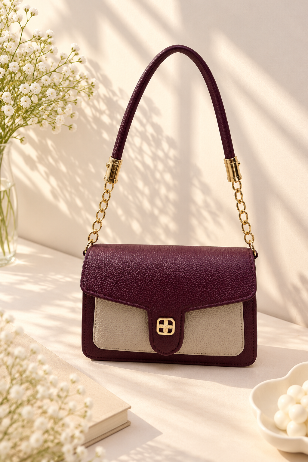 BATUTA Women's Premium Textured Shoulder Bag with Gold Chain Strap, Elegant Dual-Tone Handbag for Party, Office & Daily Use