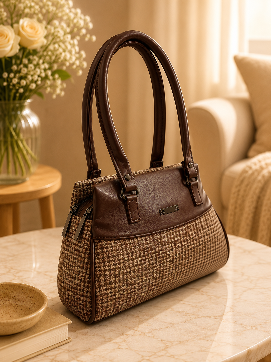 Women’s Stylish Handbag | Premium Houndstooth Pattern Tote Bag | Spacious 3-Zip Office & Daily Use Shoulder Bag
