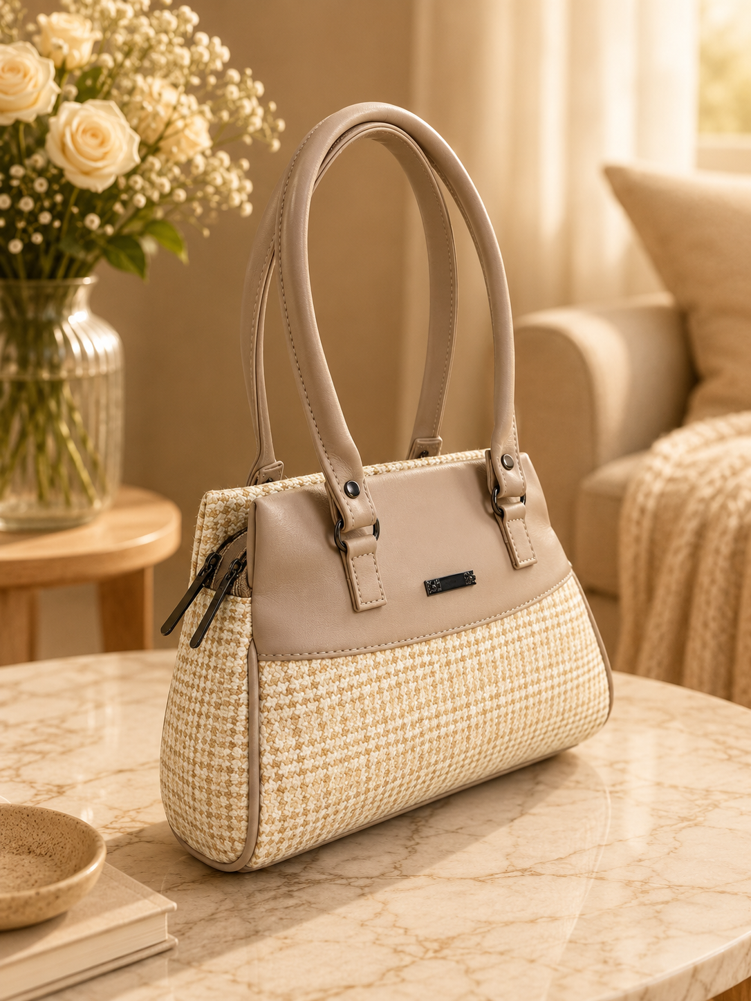 Women’s Stylish Handbag | Premium Houndstooth Pattern Tote Bag | Spacious 3-Zip Office & Daily Use Shoulder Bag