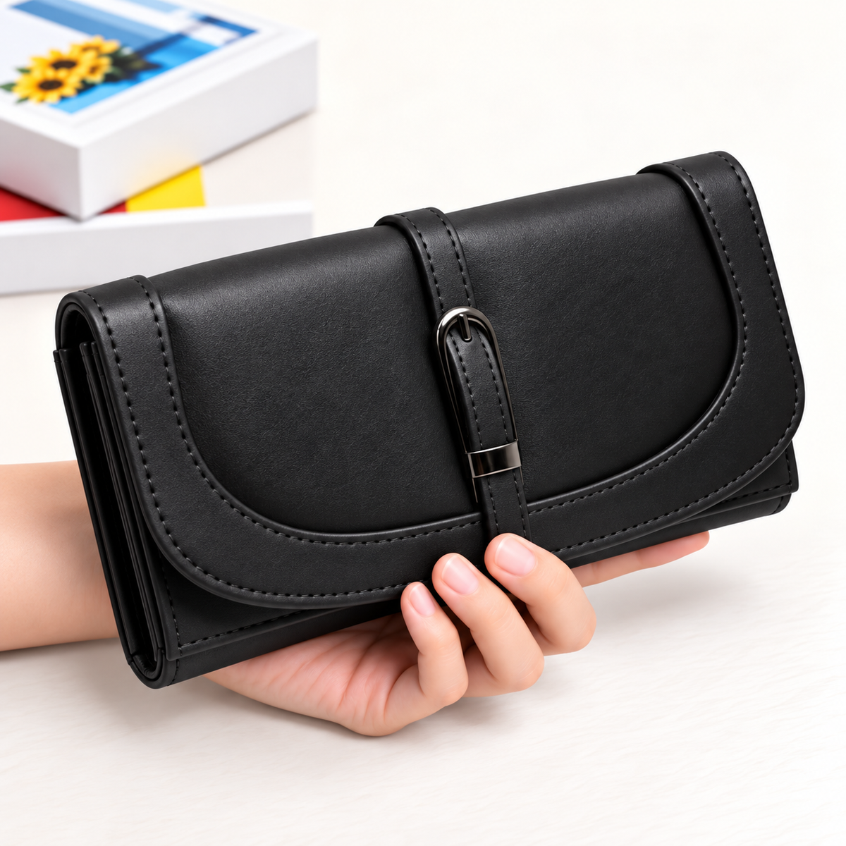 Women’s Stylish Clutch Wallet with Flap Closure | Elegant PU Leather Long Wallet for Women | Multiple Compartments & Card Holder |