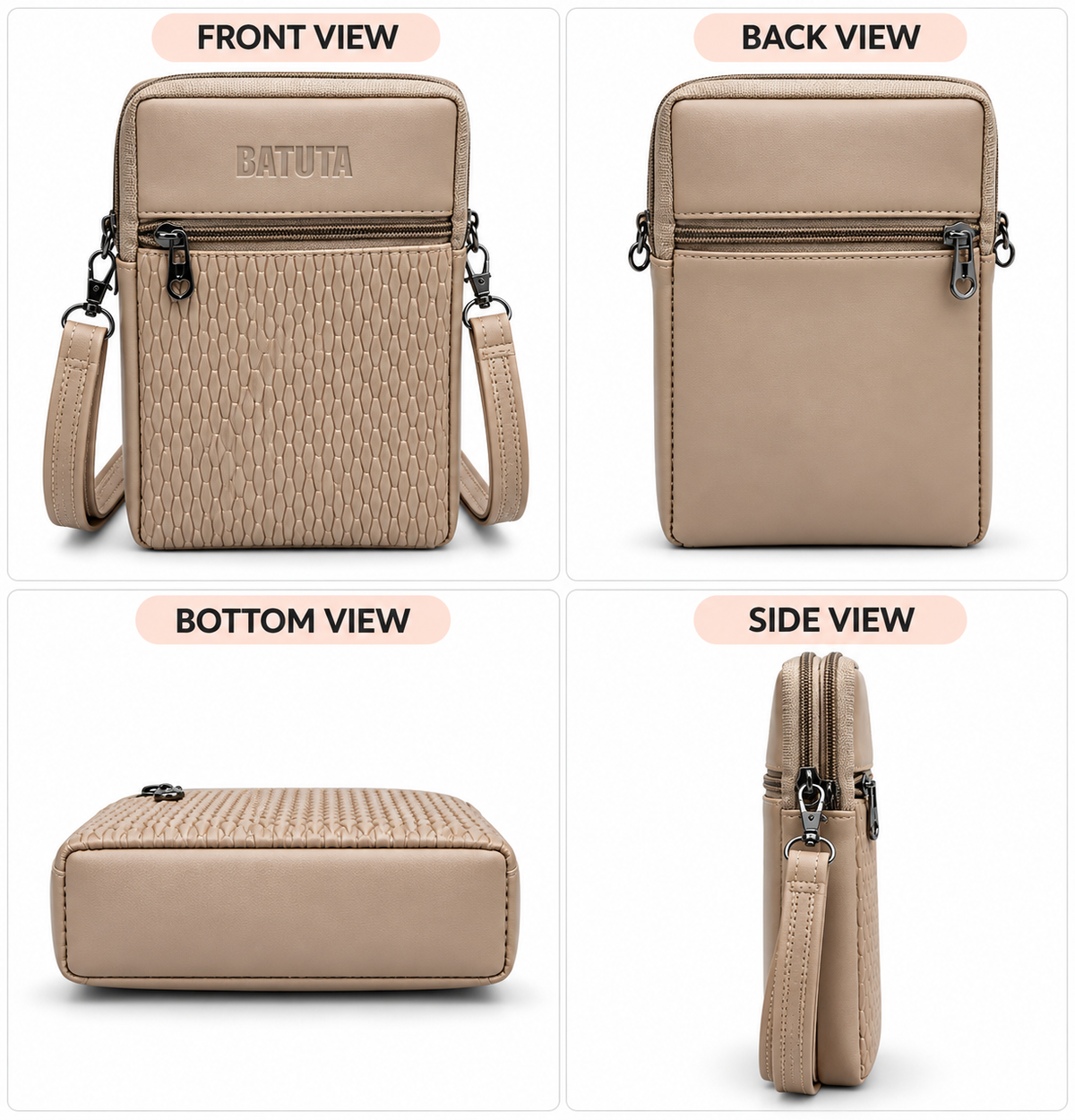 BATUTA HUB Women Crossbody Sling Bag | Premium PU Leather Small Size Bag for Girls & Ladies | Adjustable Strap | Multiple Zipper Pockets | Lightweight Daily Use Purse