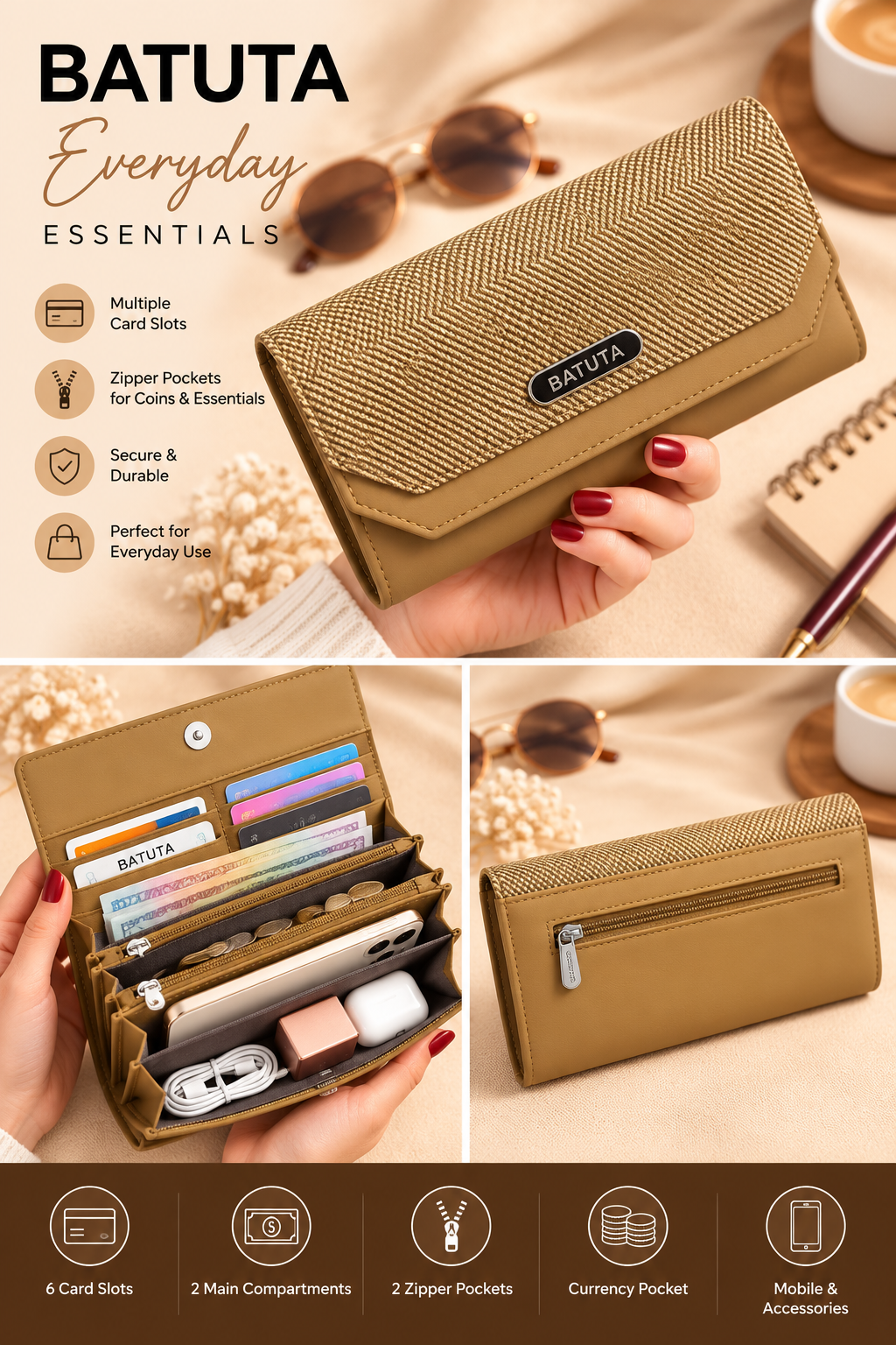 BATUTA Women’s Three Zip Multi-Compartment Clutch Wallet | Stylish Long Purse with Zipper Pocket | Spacious Ladies Wallet for Cash, Cards & Mobile