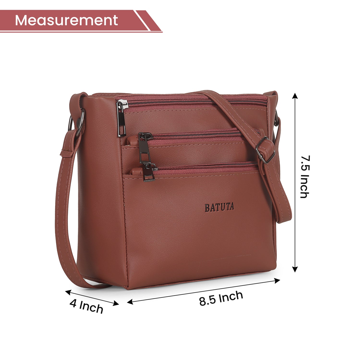 BATUTA - Women's Multi-Zipper Sling Bag, PU Leather Crossbody Purse