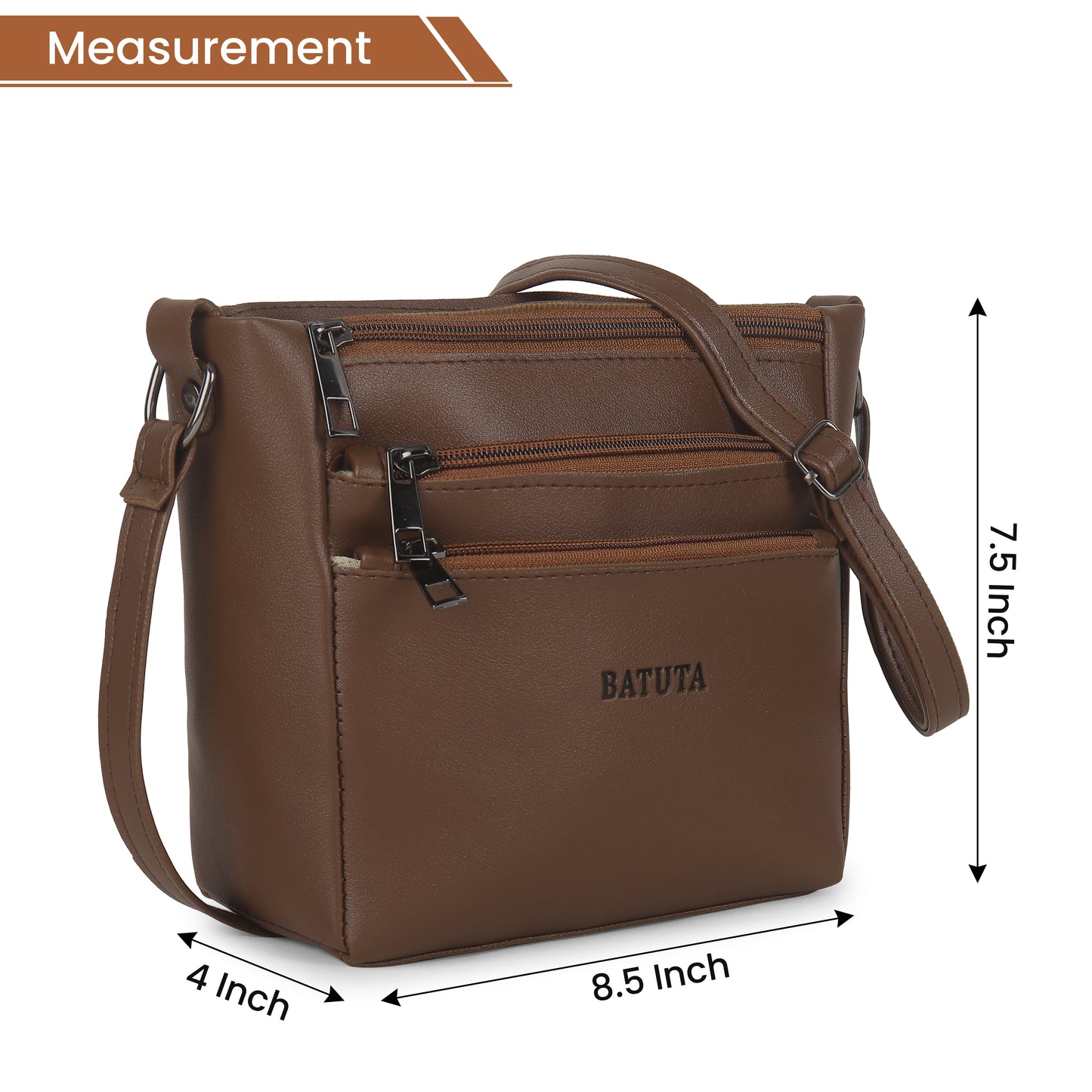 BATUTA - Women's Multi-Zipper Sling Bag, PU Leather Crossbody Purse